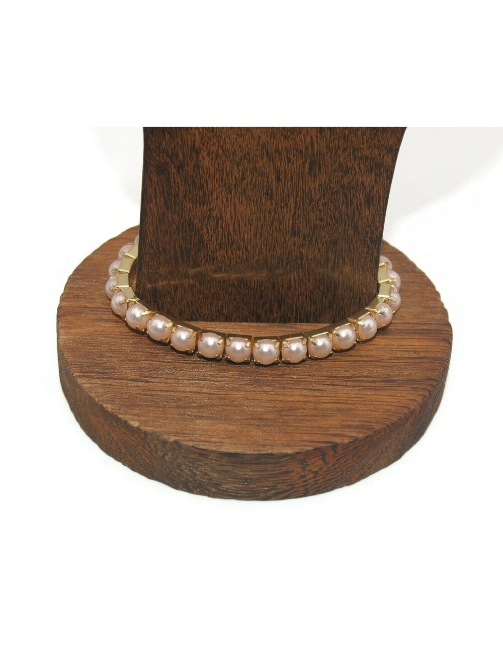 Vintage Gold Tone and Faux Pink Pearls 6 1/2 Inch Cup Mounted Elastic Bracelet.